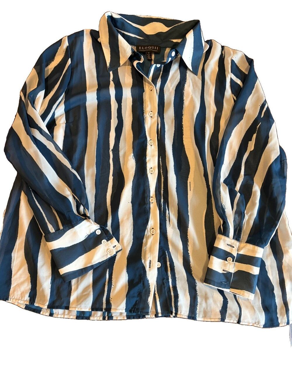 Eloquii Navy Blue White Striped Sheer Button Down Collared Shirt Women’s 18